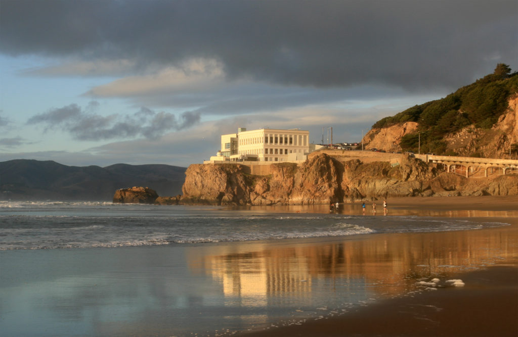 Ocean Beach at Sunset featuring the Cliff House Restaurant