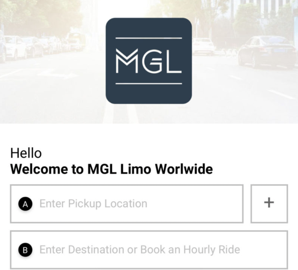 MGL Limo's Passenger Web App Home Page that says "Hello Welcome to MGL Limo WorldWide" with buttons that asks for your ride information